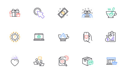 Teamwork, Espresso cream and Heart line icons for website, printing. Collection of Bitcoin, Vip parcel, Holiday presents icons. Tea cup, Marketplace, Question mark web elements. Report. Vector