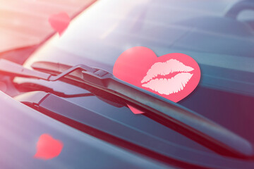 Pink heart with lipstick traces on the windshield of the car under the brush. The concept of a...