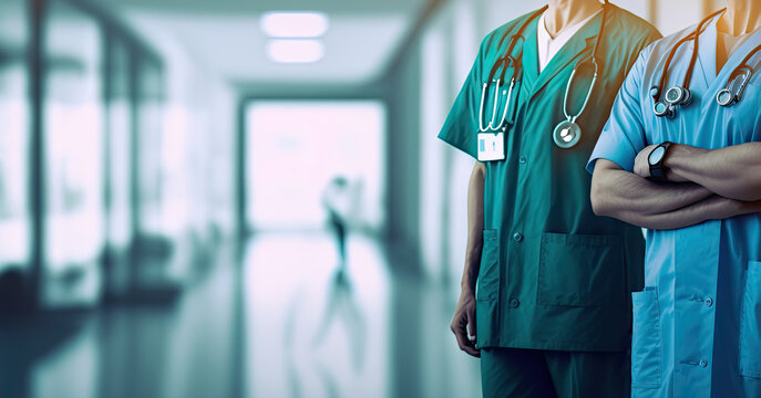 Standing doctor in front of blurred hospital interior background with copy space
