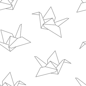 Seamless vector pattern of Paper cranes. Vector origami figurine on white background