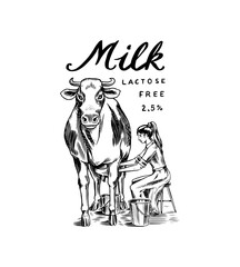 Fototapeta na wymiar Milk badge. Cow and woman farmer, milkmaid Vintage logo for shop and t-shirts. Village or meadow. Hand Drawn engrave sketch. Vector illustration.