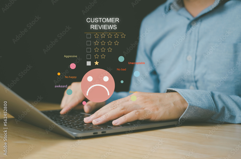Aufkleber customers, dissatisfied with poor service, unhappy. there is a face showing the emotion of passing t