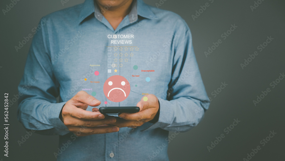 Aufkleber customers, dissatisfied with poor service, unhappy. there is a face showing the emotion of passing t