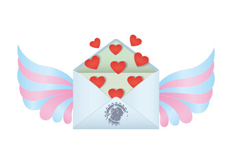 Graphic holiday illustration with envelope and a lot of hearts