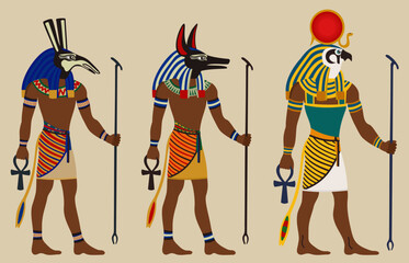 Ancient Egypt. Egyptian deities. Set, Anubis, Ra. Historical egyptian culture characters. Vector illustration on light beige background.