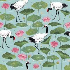 Obraz premium Seamless pattern with red crowned japanese cranes among lotus flowers and leaves on water surface