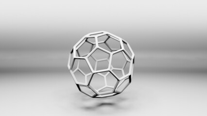 Obraz premium Buckminsterfullerene C60 Molecule model, allotrope of fullerene carbon atoms, round sphere with hexagonal rings or mesh, molecular 3D illustration on white background