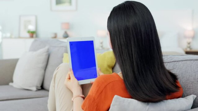 Tablet mockup, sofa woman and green screen, advertising space and ui website with tracking in house. Girl download multimedia, streaming online show and digital marketing mobile app on social network