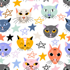 Faces of funny cats with stars on a white background. Baby print for clothes or wallpaper. Vector seamless pattern with pet heads.