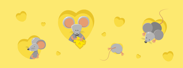 Yellow banner with cheese's texture and mice in different poses on it