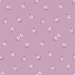 Seamless floral pattern, cute ditsy print with small flowers on a lilac background. Pretty romantic flower design with tiny hand drawn plants in delicate purple colors. Simple floral decor. Vector.
