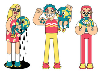 A set of funny cartoon characters with the Earth in their hands. Collection of images with cute people: a man and women holding the planet earth. Vector illustration in cartoon retro style.