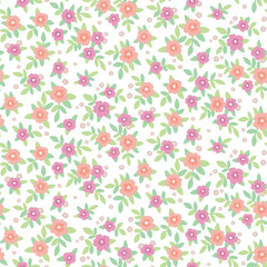 Seamless floral pattern, cute rustic flower print with small spring botany. Romantic ditsy design with tiny hand drawn flowers, leaves in liberty arrangement on white background. Vector illustration.