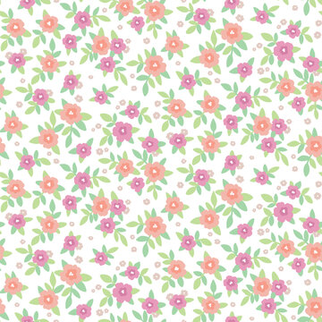 Seamless floral pattern, cute rustic flower print with small spring botany. Romantic ditsy design with tiny hand drawn flowers, leaves in liberty arrangement on white background. Vector illustration. © Yulya i Kot