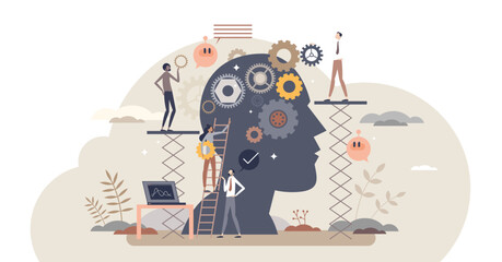 Cognitive process and psychological mind learning process tiny person concept, transparent background.