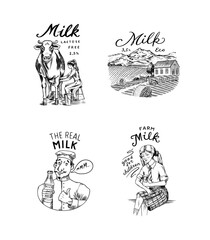 Fototapeta na wymiar Milk set. Cow and woman farmer, milkmaid and jug, blot and bottles, packaging and meadow, man holds a glass. Vintage logo for shop. Badge for t-shirts. Hand Drawn engrave sketch. Vector illustration.