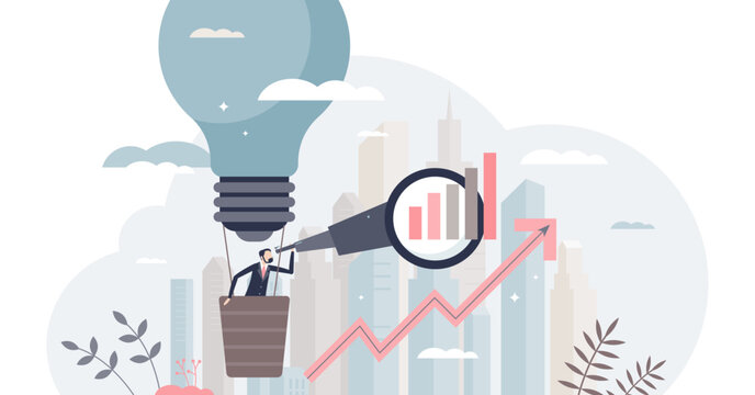 Business forecasting with startup idea future profit results prediction tiny person concept, transparent background.Performance strategy and calculation for company growth plan illustration.