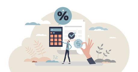 Income tax calculation and financial VAT money refund tiny person concept, transparent background. Government payment calculation after accounting annual budget analysis illustration. - obrazy, fototapety, plakaty