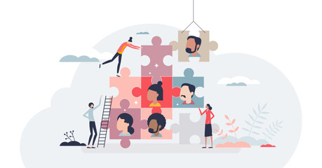 Human management and HR resources for business team tiny person concept, transparent background. Employee organization and company staff effective usage illustration. - obrazy, fototapety, plakaty