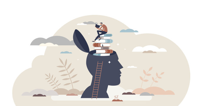 Lifelong learning and literature reading for education tiny person concept, transparent background. Personal development and experience improvement with never stop learning mindset illustration.