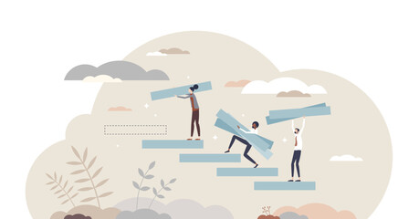 Building confidence with motivation or career development tiny person concept, transparent background. Business growth as ladder or staircase climbing with help of partners and teamwork illustration. - obrazy, fototapety, plakaty