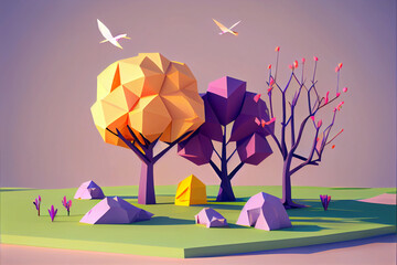 Low poly landscape with trees and flowers