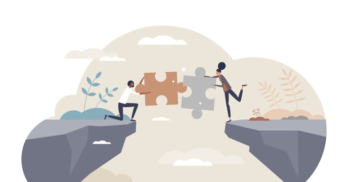Bridging the gap and overcome couple relationship problem tiny person concept, transparent background. Communication link and puzzle pieces connection as solution for settlement illustration.