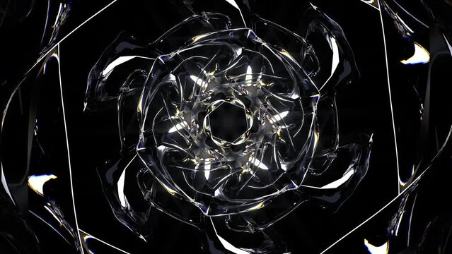 3d render of abstract art loop animation video with transform rotating fractal diamond crystal alien star flower in curve lines forms in glass material with color dispersion effect on black background