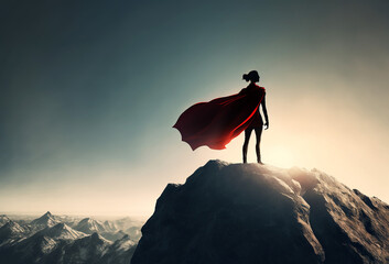 Super hero woman on top of a mountain. Generative ai - obrazy, fototapety, plakaty