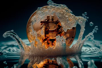 Fotobehang Bitcoin cayendo al agua, generative ai. © ACG Visual