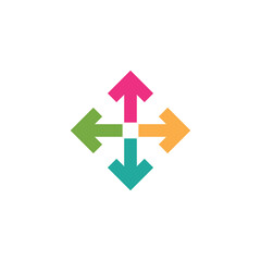 four colorful arrows point out from the center. Expand Arrows icon. Outward Directions icon. Vector illustration. Isolated on white. green, blue, pink, yellow