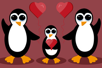 Family of penguins with heart in the hands on viva magenta background. Valentines day website banner with not flying wild seabird. 