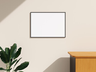 Frame mockup hanging on the wall in minimalist interior room with plant