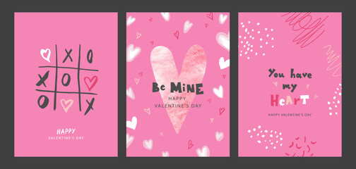 Set of Valentines Day cards with cute hand drawn elements.Vector illustration for postcards,posters, coupons, promotional material