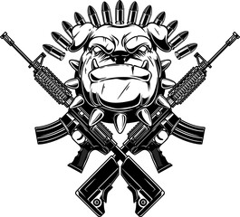 Angry dog head with crossed assault rifles. Design element for poster, emblem, sign. Vector illustration