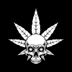 Skull with marijuana leaf. Design element for logo, emblem, sign, poster. Vector illustration