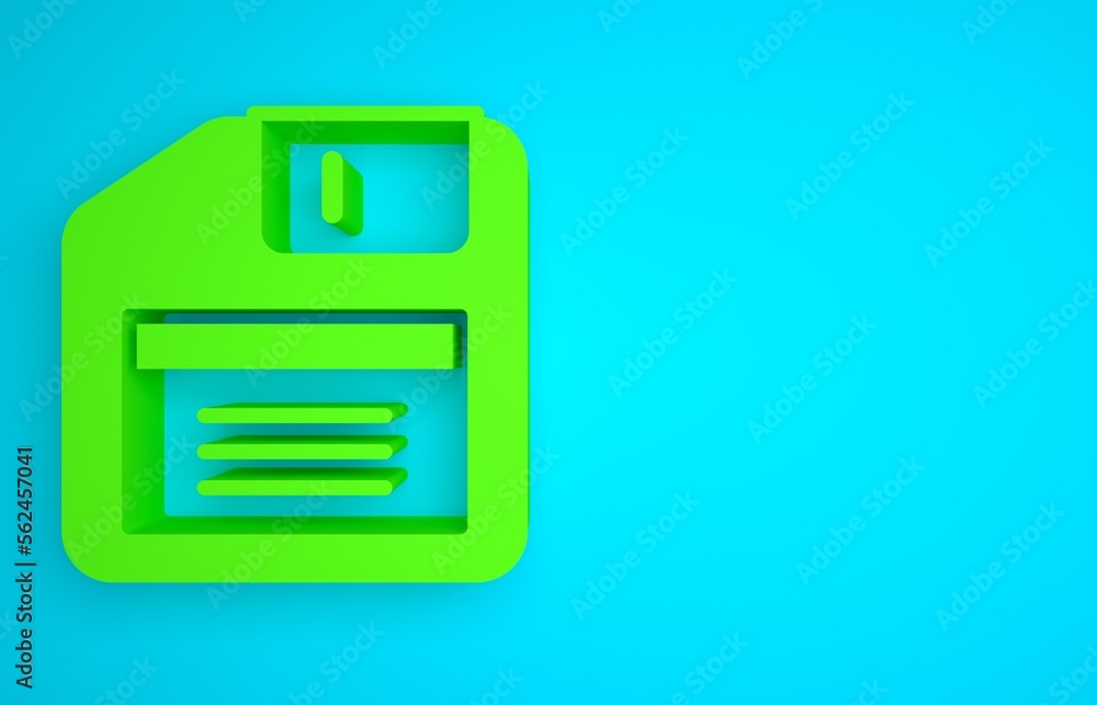 Poster green floppy disk for computer data storage icon isolated on blue background. diskette sign. minimal