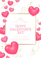 Postcard to Valentine's Day. Banner with voluminous pink hearts and gold crumbs, calligraphic inscription. Vector