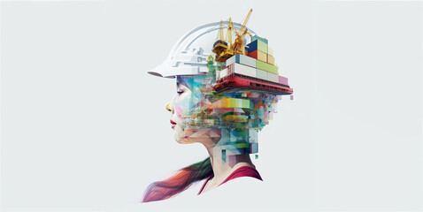 Fototapeta na wymiar Future of Container ship loading and unloading, Cargo construction engineering the devotion project with double exposure to civil engineering design. Future modern construction projects. Generative AI