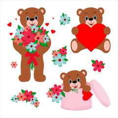 Vector illustration. Collection of cute teddy bears with flowers and hearts. Valentine's Day Gift