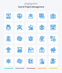Creative Task And Project Management 25 Blue icon pack  Such As rocket. dollar. card. mail. creative campaign