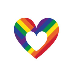 Un corazón con la bandera y colores del orgullo gay sobre un fondo blanco liso y aislado. Vista de frente y de cerca. Copy space