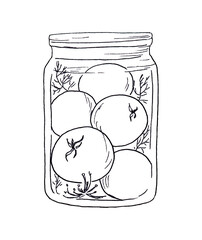 Jar with salted tomatoes. Graphic hand drawn illustration.