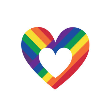 Un corazón con la bandera y colores del orgullo gay. Vista de frente y de cerca. Icono vector