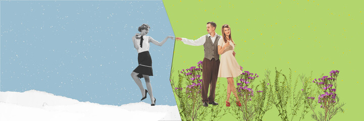 Winter and spring time. Young people and their relationship. Contemporary art collage. Concept of family, love, divorce and lie. Comparison of seasons.