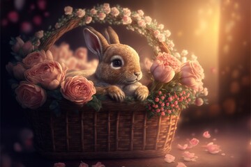 Fototapeta na wymiar Cute valentines bunny rabbit with rose, rose petals, romantic gesture, bunny rabbit in basket valentine, loving