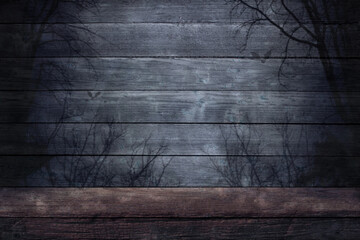 Halloween, wooden gray background. An old wooden table and the shadows of dead trees and bats at night with a place to place the product.