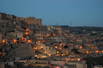 night landscape of the famous Sassi di Matera carved into the rock in Basilicata, Italy