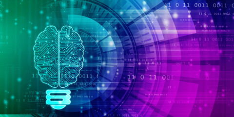 2d illustration Brainstorm concept with futuristic glowing low polygonal light bulb and human brain