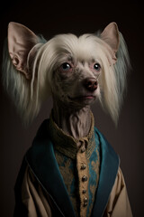 Chinese crested dog dressed up in historical costume against dark background. Generative AI